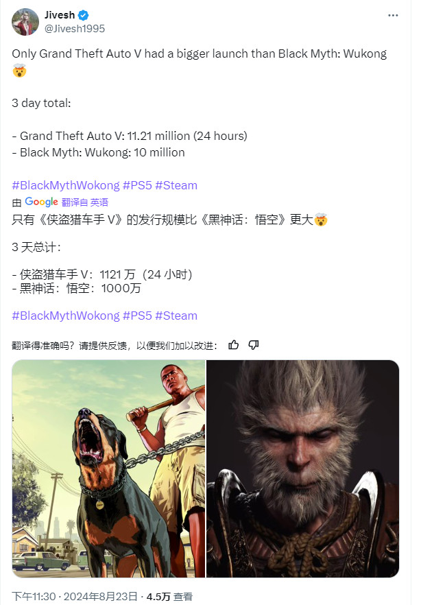 黑神话4天破千万销量有多猛？对比国外3A大作数据，国产游戏站起来了！